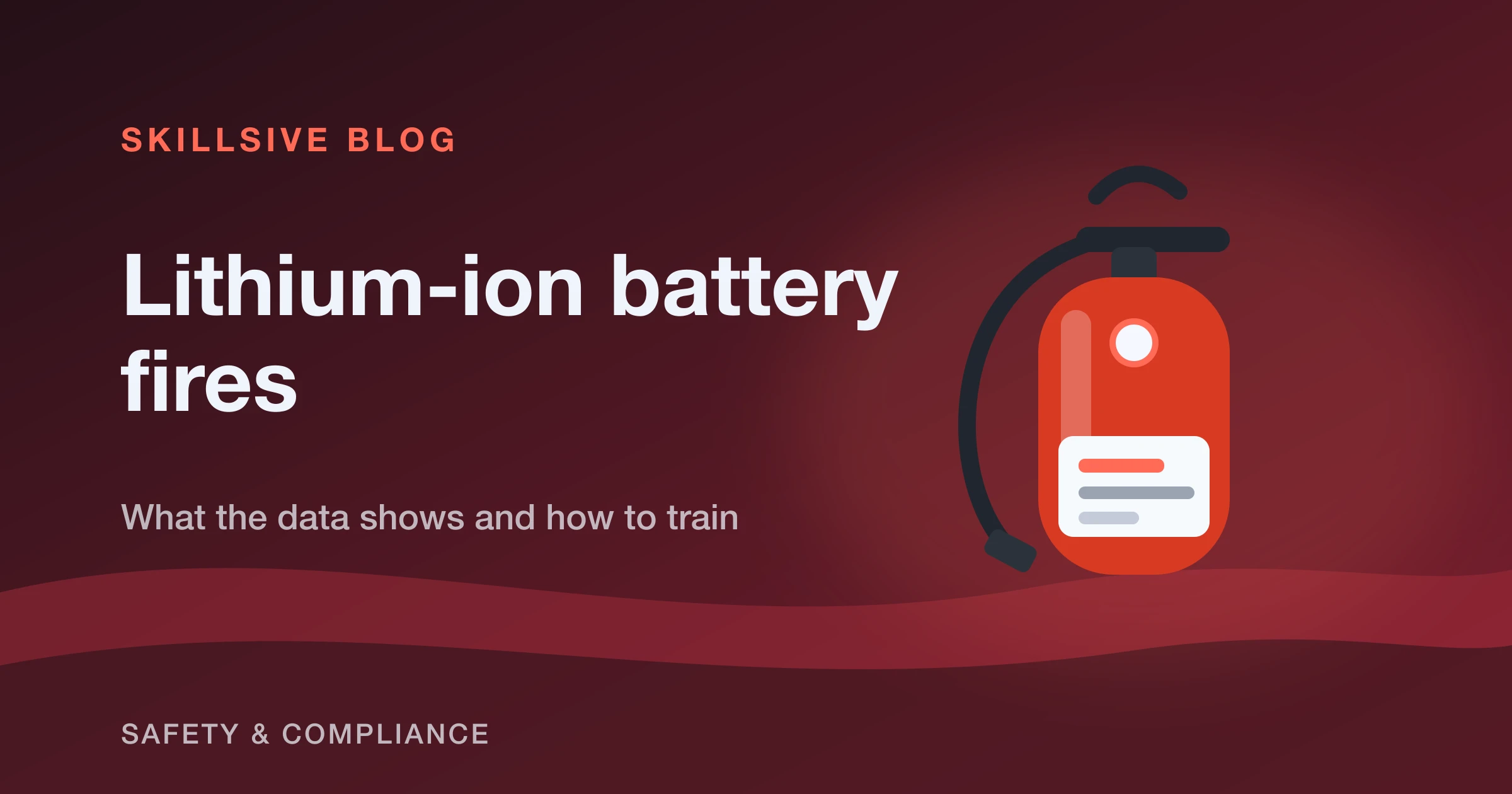 A swollen lithium-ion battery pack on a warehouse charging bench, with smoke rising and a fire alarm point in the background