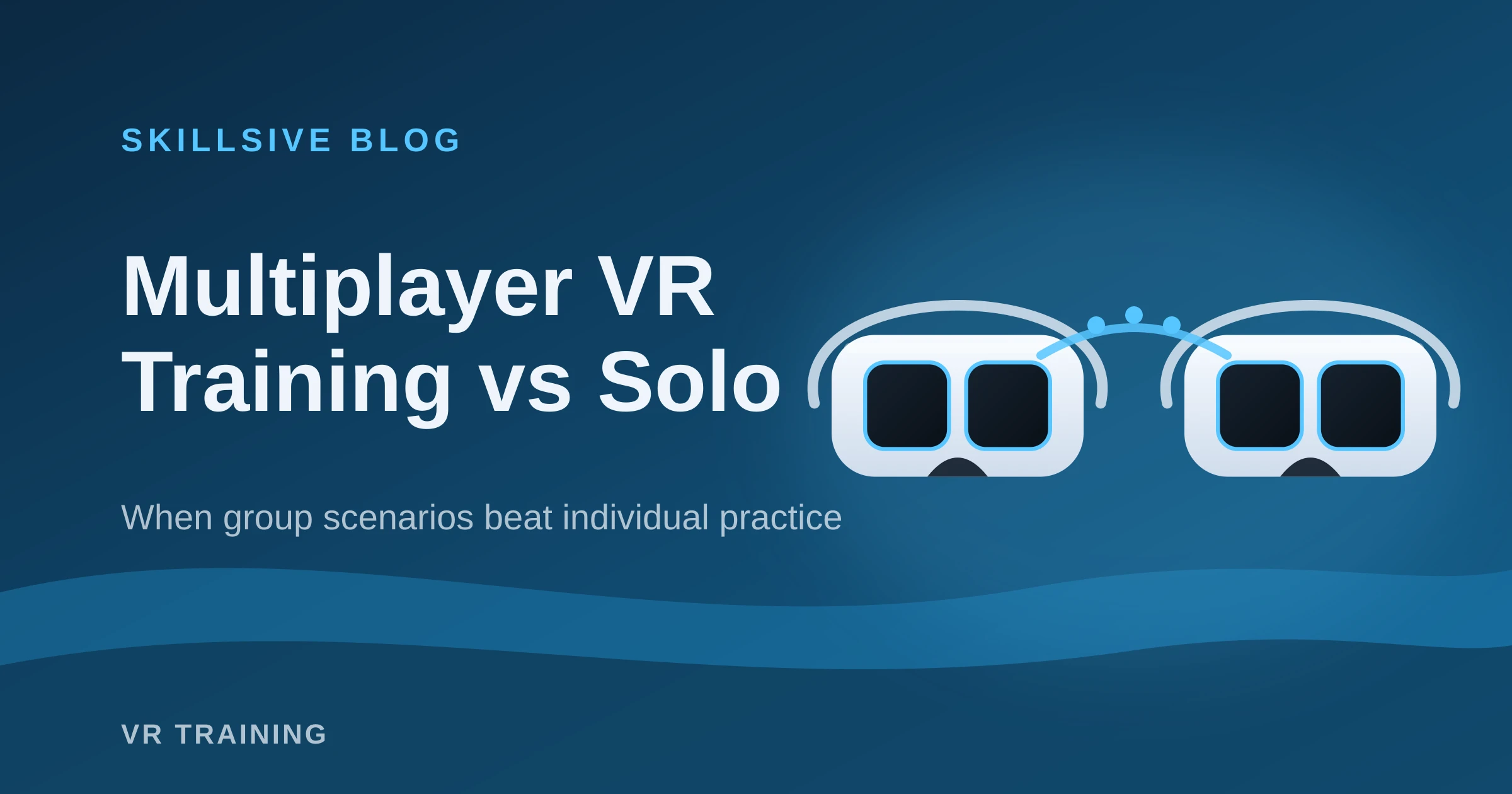 Two VR headsets connected by a signal arc, representing a multiplayer training session