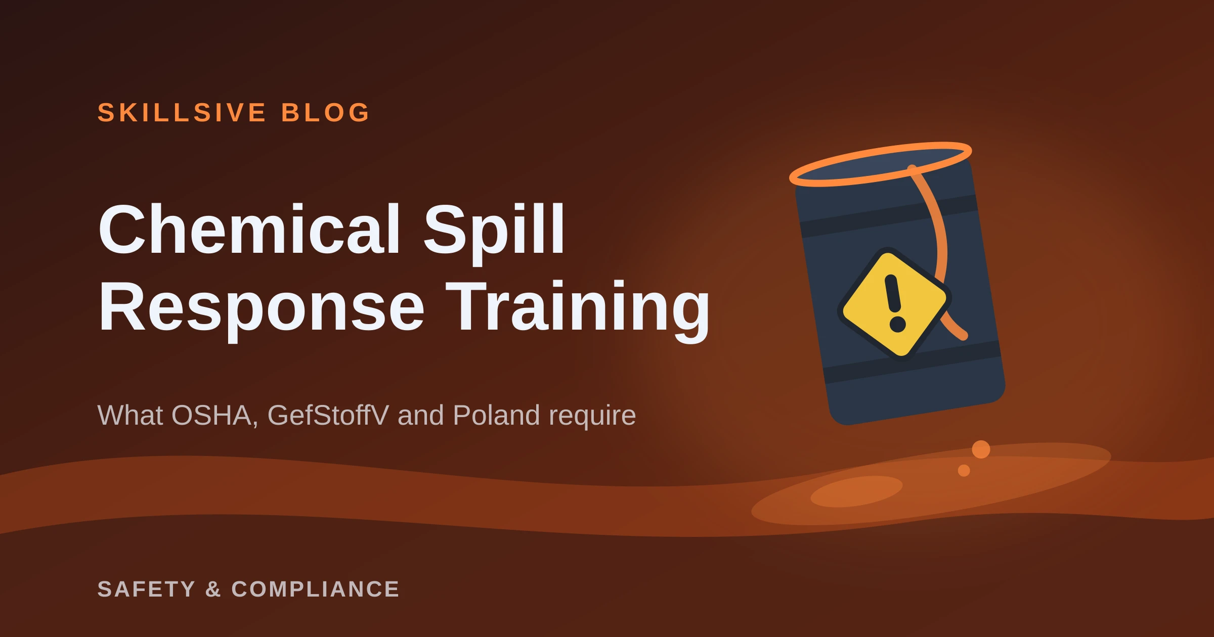 Tilted chemical drum leaking onto the floor next to a hazard warning diamond