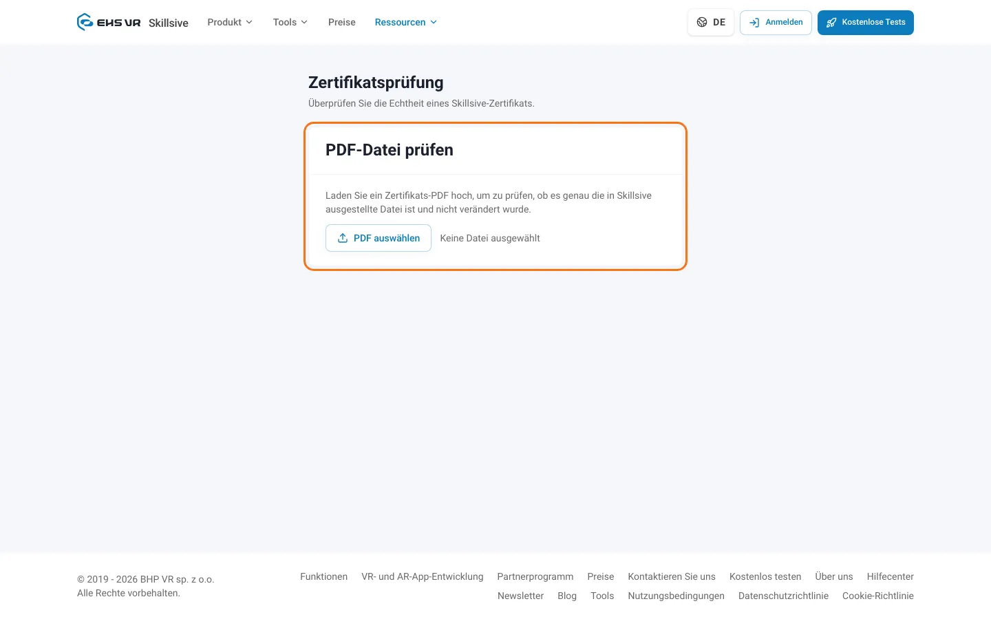 Prüfseite mit dem Bereich PDF-Datei prüfen und der Schaltfläche PDF auswählen