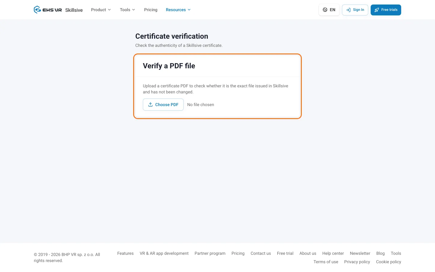 Certificate verification page with the Verify a PDF file section and the Choose PDF button