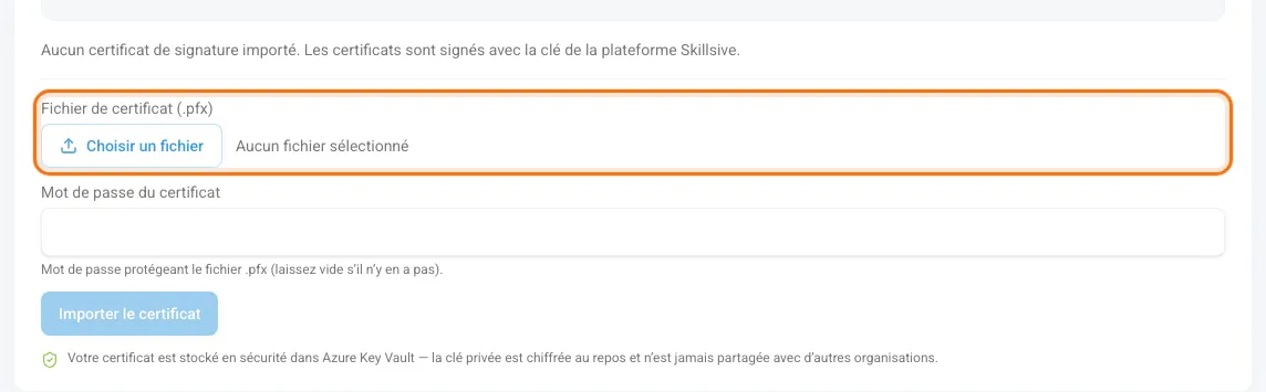 Carte Certificat de signature avant l’import d’un fichier