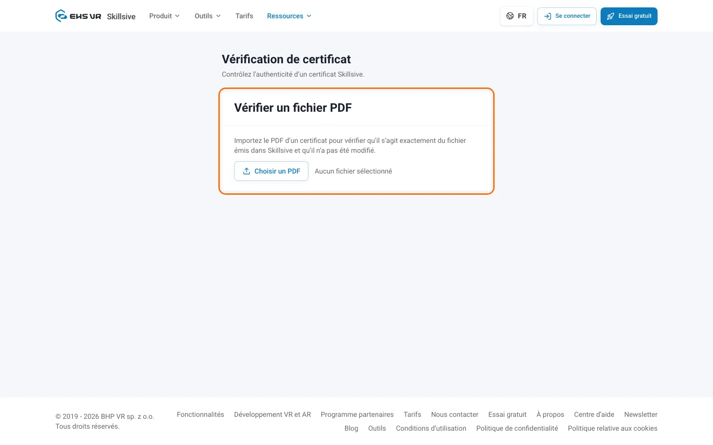 Page de vérification avec la section Vérifier un fichier PDF et le bouton Choisir un PDF