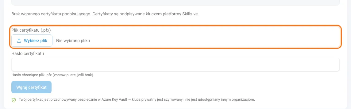 Karta Certyfikat podpisujący przed wgraniem pliku