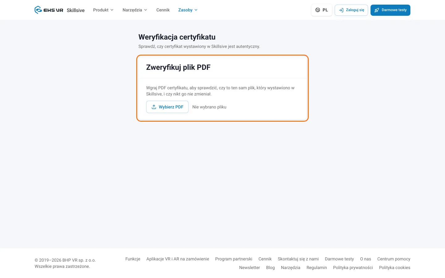 Strona weryfikacji certyfikatu z sekcją Zweryfikuj plik PDF i przyciskiem Wybierz PDF