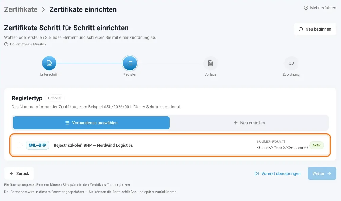 Schritt Register mit dem auswählbaren Registertyp