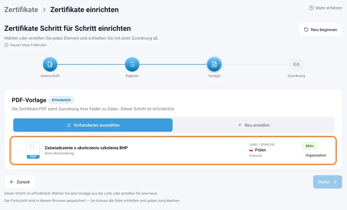Schritt Vorlage mit der auswählbaren Zertifikatsvorlage