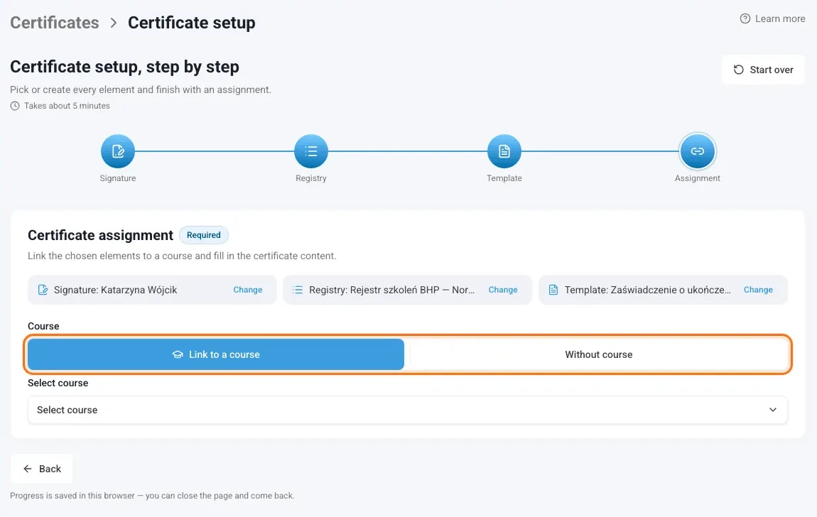 Assignment step with the chosen elements, the course and the certificate content
