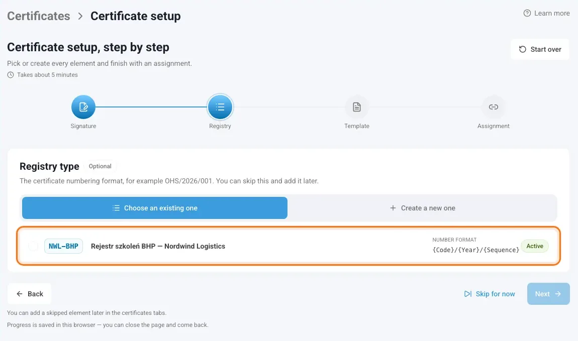 Registry step with the registry type to choose