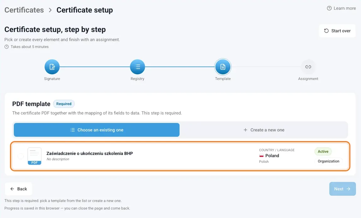 Template step with the certificate template to choose