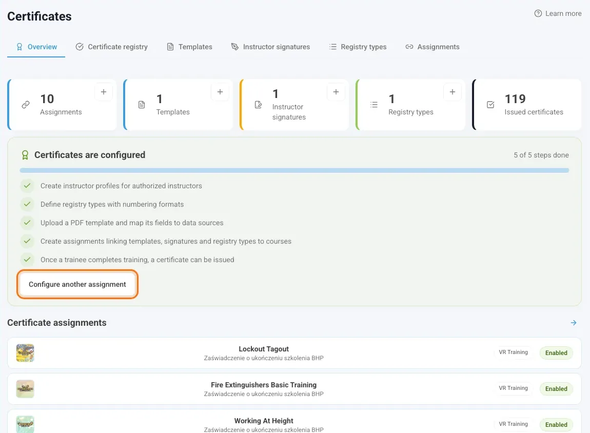 Overview with the setup card and the button that starts the wizard