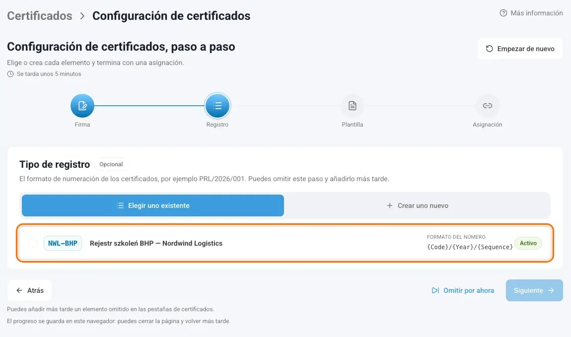 Paso Registro con el tipo de registro para elegir