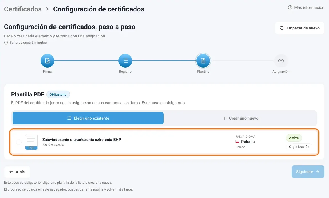Paso Plantilla con la plantilla de certificado para elegir