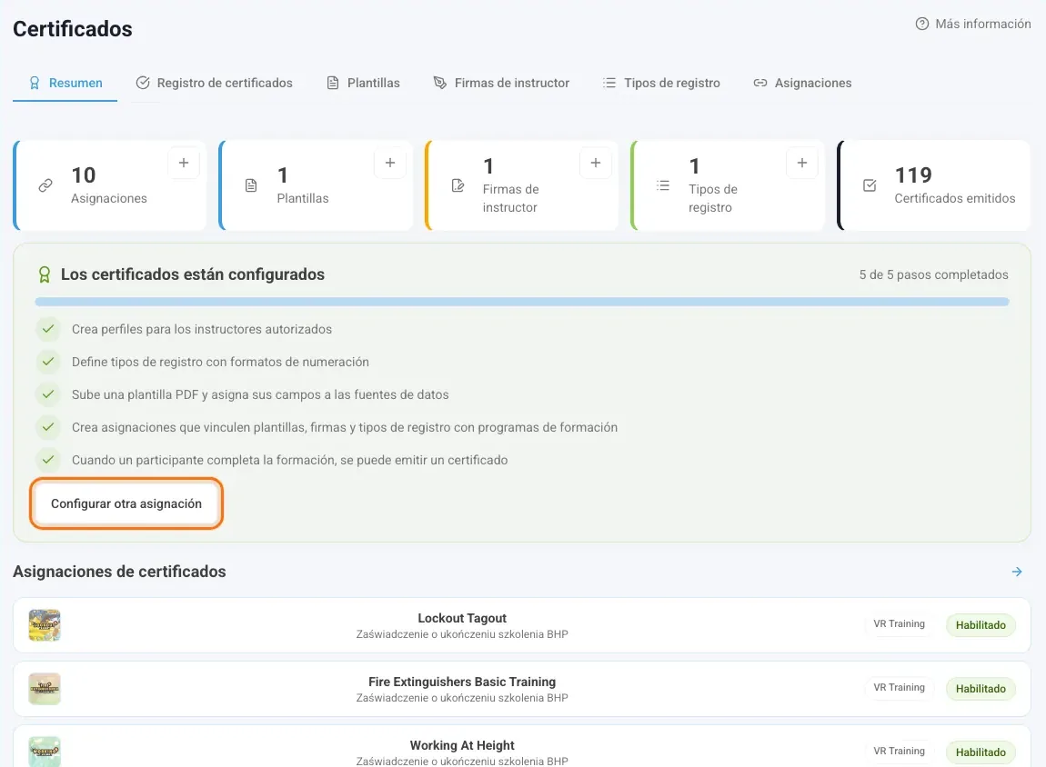 Resumen con la tarjeta de configuración y el botón que abre el asistente