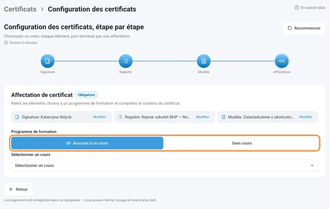 Étape Affectation avec les éléments choisis, le cours et le contenu du certificat