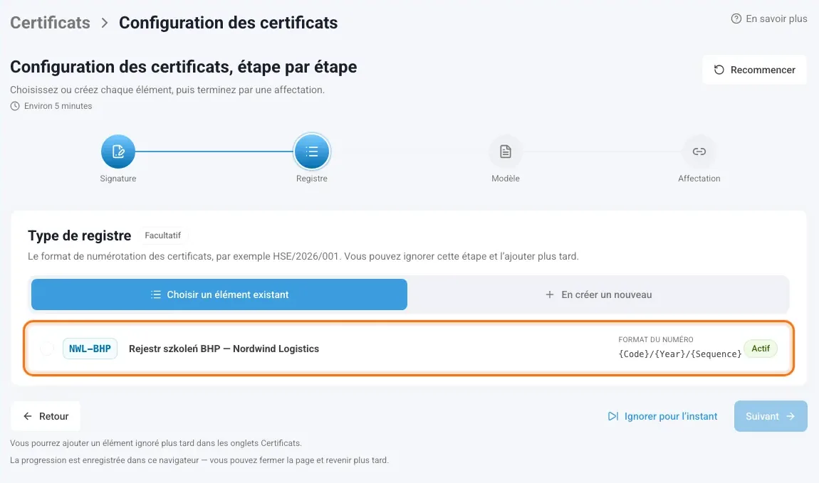 Étape Registre avec le type de registre à choisir
