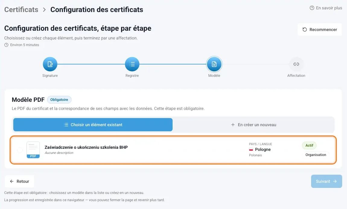 Étape Modèle avec le modèle de certificat à choisir