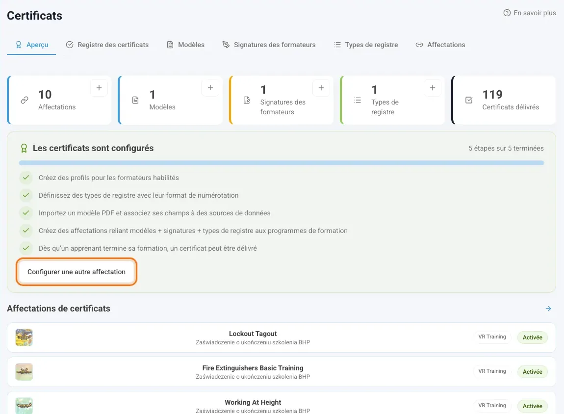 Aperçu avec la carte de configuration et le bouton qui lance l’assistant