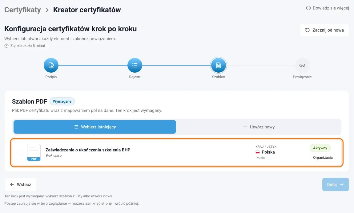 Krok Szablon z szablonem certyfikatu do wyboru