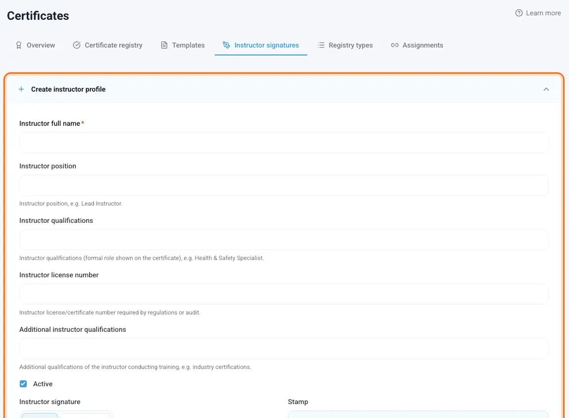 Instructor signatures with the Create instructor profile form