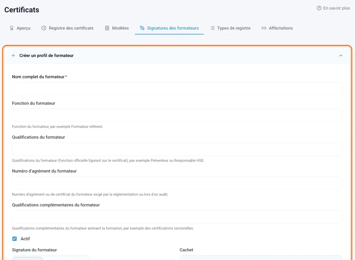 Signatures des formateurs avec le formulaire Créer un profil de formateur