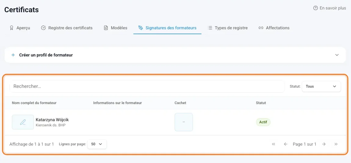 Liste des signatures des formateurs