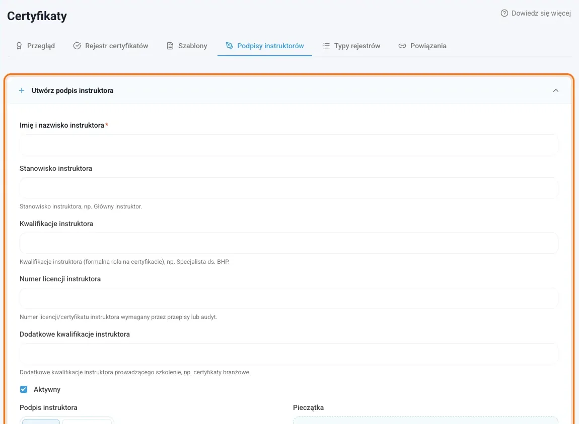 Podpisy instruktorów z formularzem Utwórz podpis instruktora