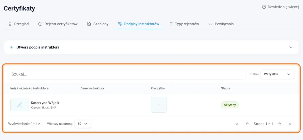 Lista podpisów instruktorów
