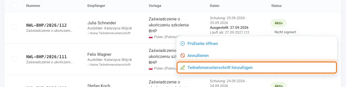 Menü Aktionen mit der Option Teilnehmerunterschrift hinzufügen