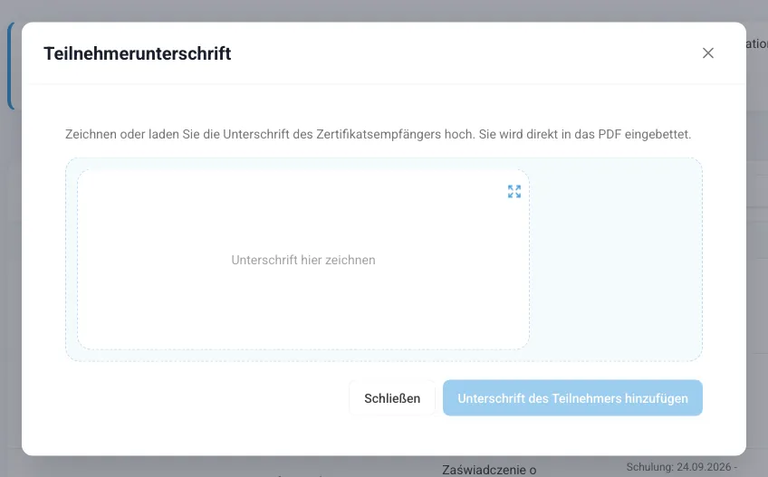 Fenster Teilnehmerunterschrift mit dem Unterschriftsfeld