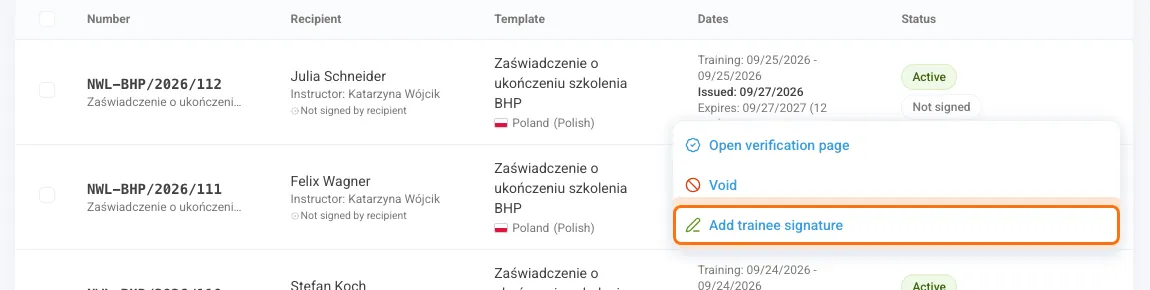 Actions menu with the Add trainee signature option