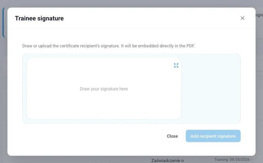 Trainee signature window with the signature area