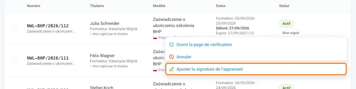 Menu Actions avec l’option Ajouter la signature de l’apprenant