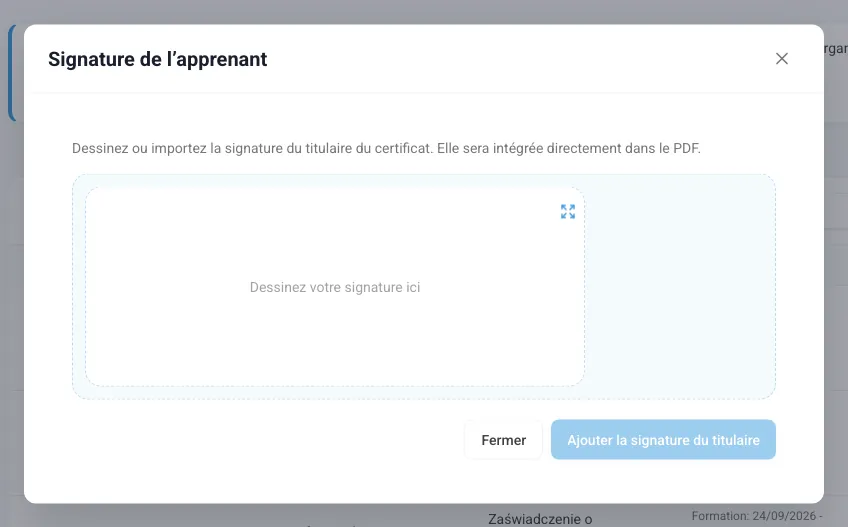 Fenêtre Signature de l’apprenant avec la zone de signature