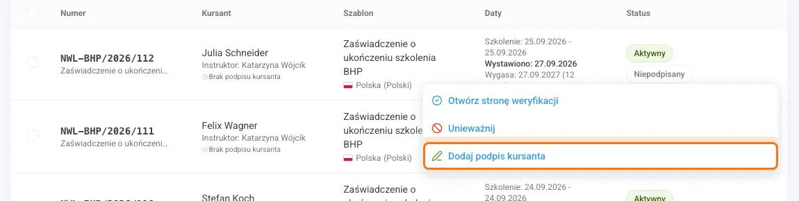 Menu Akcje z opcją Dodaj podpis kursanta