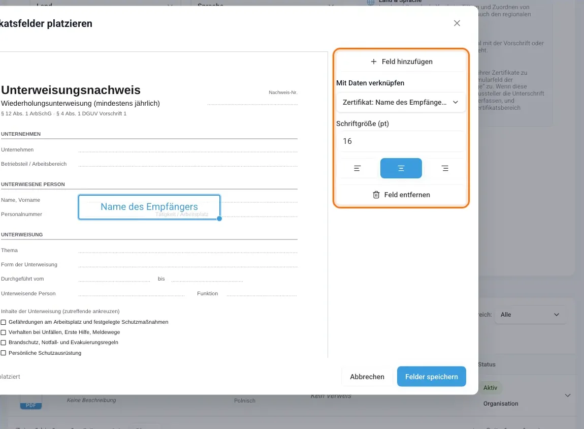 Editor Zertifikatsfelder platzieren mit markiertem Feld und Datenliste