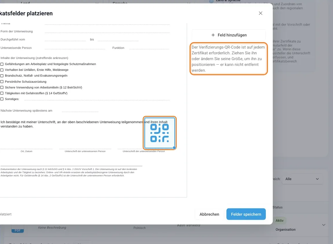 Verifizierungs-QR-Code im Editor markiert, mit dem Hinweis, dass er erforderlich ist