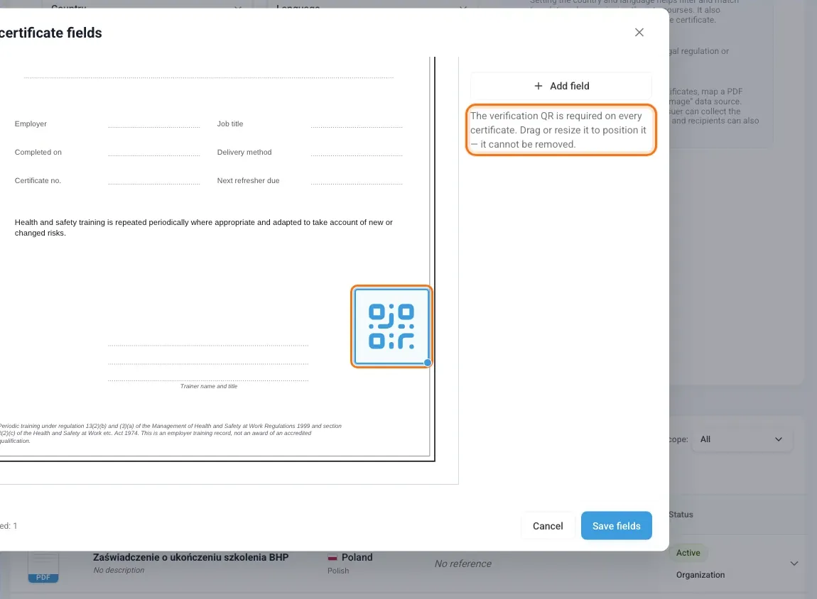 Verification QR selected in the editor with the note that it is required