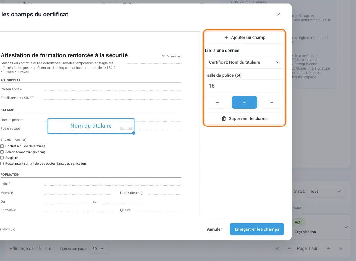 Éditeur Placer les champs du certificat avec un champ sélectionné et la liste des données