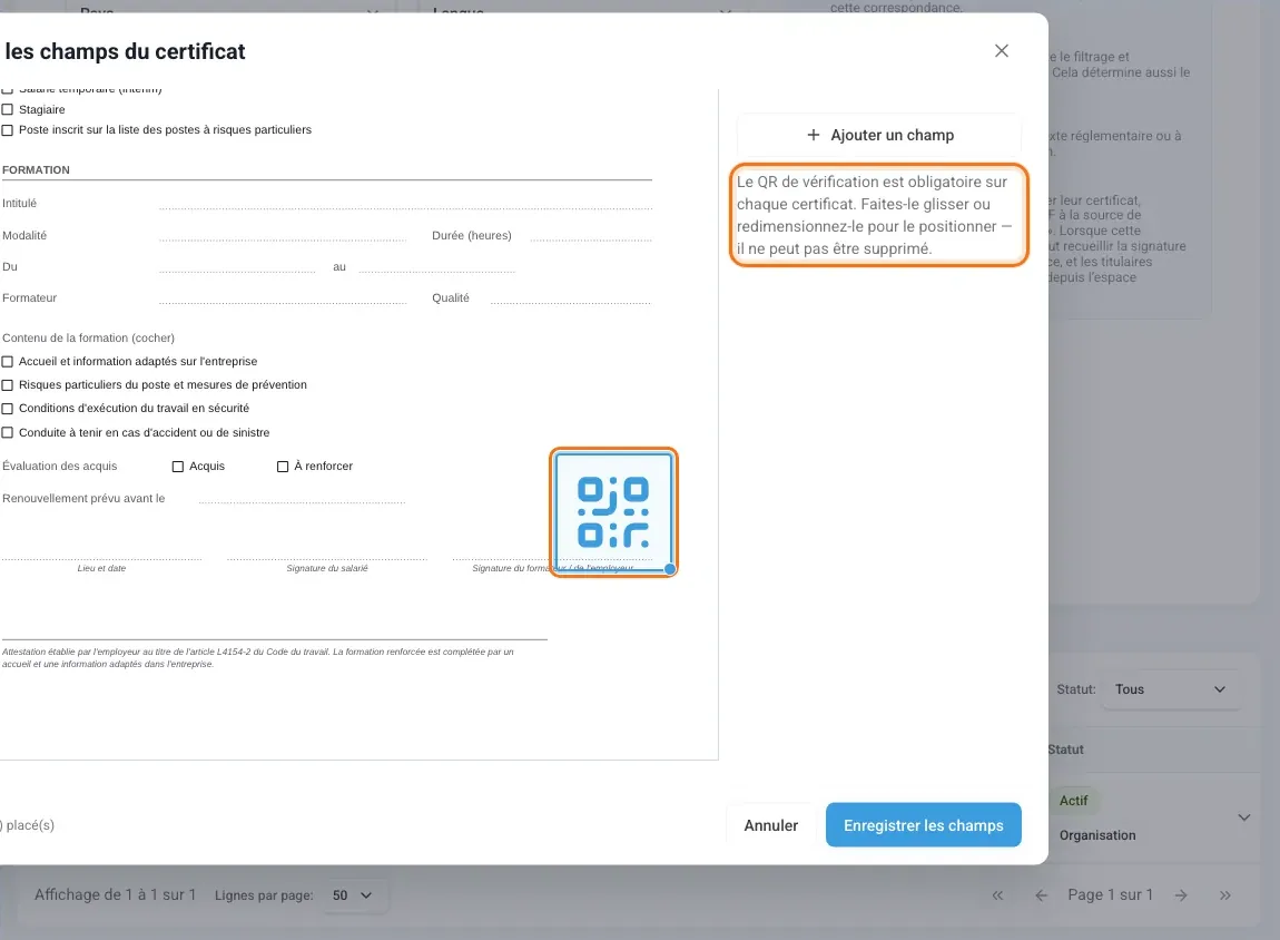 QR de vérification sélectionné dans l’éditeur avec la mention qu’il est obligatoire