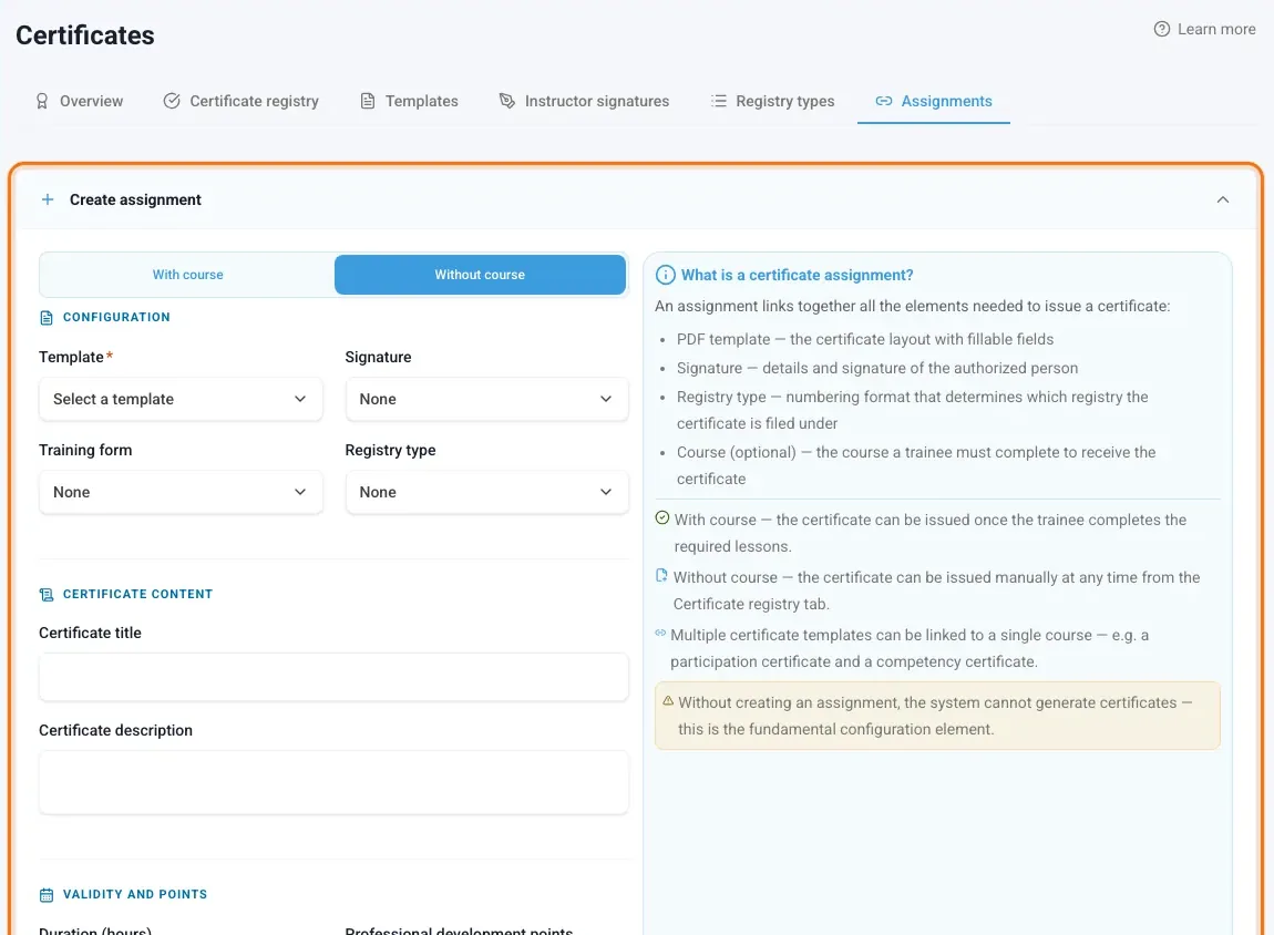 Certificate assignments with the Create assignment form