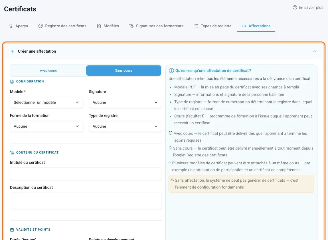 Attributions de certificats avec le formulaire Créer une affectation