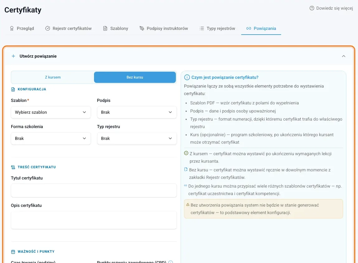 Powiązania certyfikatów z formularzem Utwórz powiązanie