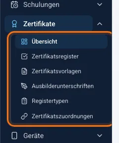 Bereich Zertifikate in der Seitenleiste mit seinen sechs Einträgen