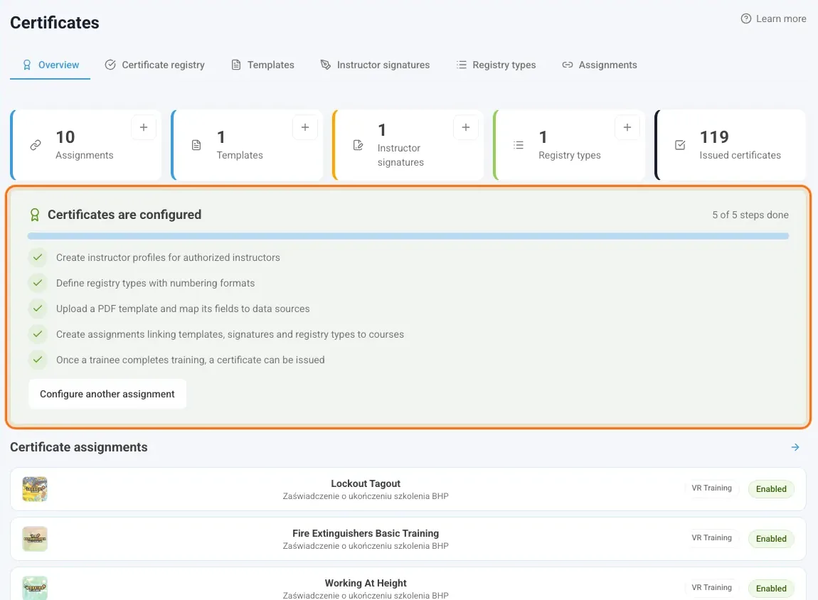 Overview with the setup card and the Configure another assignment button