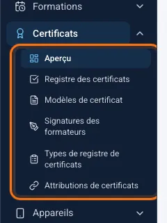 Section Certificats de la barre latérale avec ses six entrées