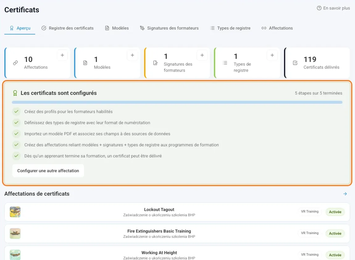 Aperçu avec la carte de configuration et le bouton Configurer une autre affectation
