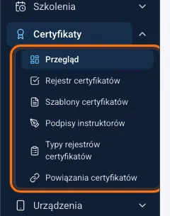 Sekcja Certyfikaty w menu bocznym z sześcioma pozycjami