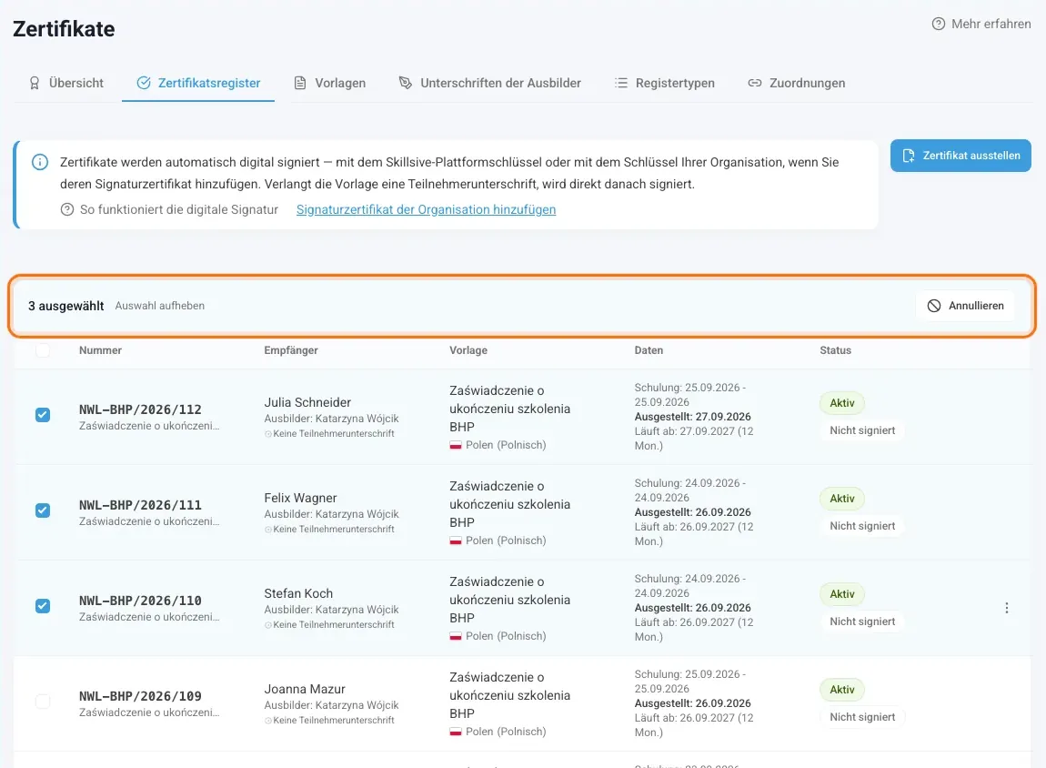 Markierte Zertifikate und die Leiste für Sammelaktionen