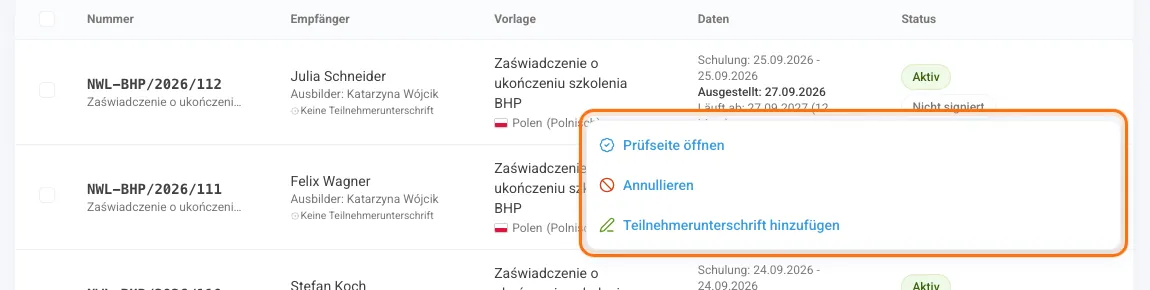 Menü Aktionen eines Zertifikats im Register